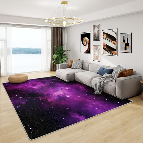 Galaxy Kinderzimmer Teppich - Wohnzimmer Schlafzimmer Kinder Lila Galaxie, Kleiner Weltraum Teppich, Weich Kurzflor & Waschbar & Rutschfest Fussmatte Innen, Kinderteppich 60x90 cm