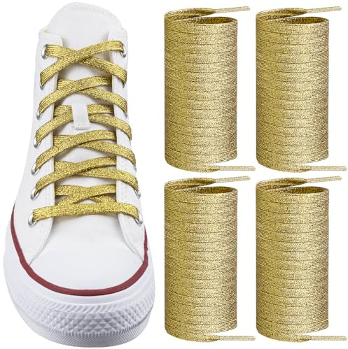 Endoto 2 Pairs Glitter Metallic Shoe Laces for Men Women Sneakers, 8MM Flat Sequin Shiny Shoelaces, Sparkle Strings(Color:Gold,Size:45Inch)