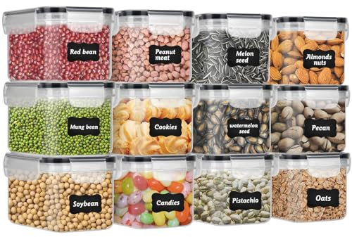 DUOJIN 12 Pieces Airtight Food Storage Containers, BPA-Free PP High transparency Containers with Lock Lids Leakproof, Stackable Kitchen Containers Cereal Fresh-Keeping Box with 32 Labels&Pen (Black)