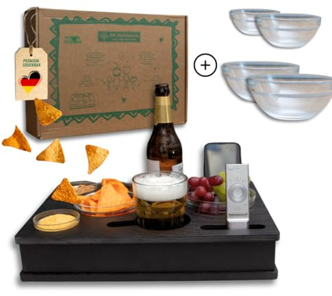 PEGSEN ALL IN ONE Couchbox mit 4 Glasschalen in schwarz | Couchbar Snackbox für Snacks und Getränke | Snackbar für die Couch | Couch Tablett mit Getränkehalter | Sofabar | Couch Butler | Couch bar