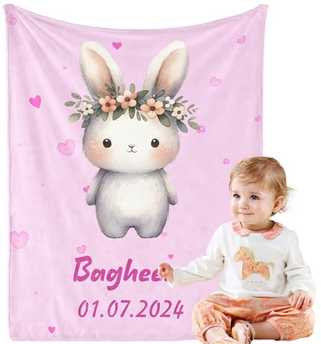 iDIY Babydecke Personalisiert mit Namen & Geburtsdatum - Kuscheldecke Kinder, Neugeborenen-Geschenk für Jungen/Mädchen,10 Tier-Muster Wählbar