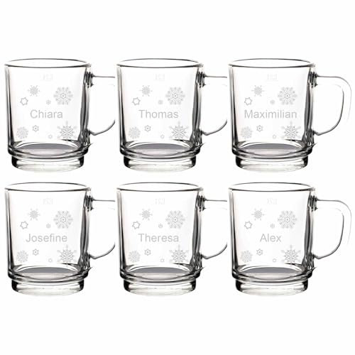 LUXENTU Glühweintassen mit personalisierter Gravur, Teegläser 250 ml, Geeichte Glasbecher bei 0,2 Liter, Set für Freunde & Familie, Motiv: Schneeflocken, 6 Stück