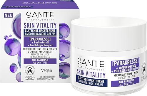 SANTE Naturkosmetik Face Skin Vitality nattkräm, regenererande fuktkräm med parakress, druvkärneolja & Pro-kollagen, anti-rynk-nattvård för alla hudtyper, 50 ml