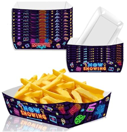 Dusenly 24pcs Neon Glow Party Supplies Movie Night Paper Snack Trays Movie Theater Snack Boxes Paper Food Trays for Family Movie Party Neon Decorations