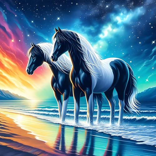 MOGTAA Pferd Diamond Painting Erwachsene, 5D Landschaft Strand Meer Diamant Painting Bilder Erwachsene Anfänger, DIY Full Drill Diamant Malerei Bilder für Home Wand Dekor 30x30cm