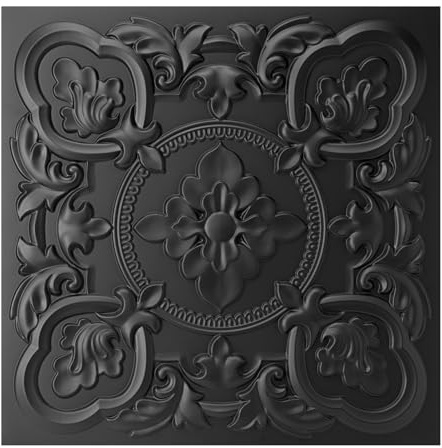 Art3dwallpanels Deckenfliesen, 61 x 61 cm, hochwertiges PVC, 3D-Wandpaneele, Vintage-Blumenmuster für Innenwanddekoration, feuerfest, wasserdicht, schwarz, 12 Stück