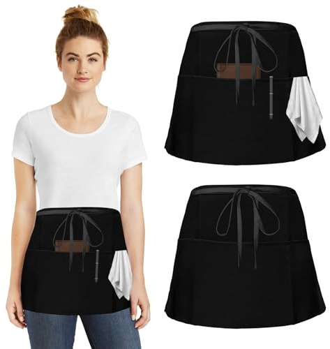 TDUNSYA 2 Piezas Delantal Corto de Cocina,Delantal de Camarero con 3 Bolsillos,Unisex Antimanchas Impermeable Negro,para Cocinar Restaurante Jardín Bar Chef