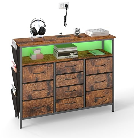 hitsuki Fernsehkommode & TV Bank Holz | Fernsehertisch Sideboard TV Lowboard | TV Cabinet for Living Room mit LED Beleuchtung & 10 Schubladen | Holz/Metall-Design/Vintage/Industriell 110x30x85cm