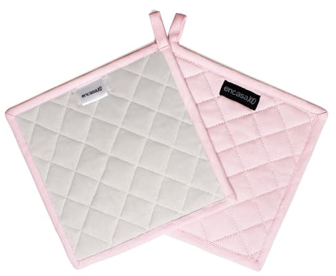 Encasa XO Heat Resistant Cotton Pot Holders With Hanging Loop - Set of 2 - Light Pink & Light Grey - Multipurpose Quilted Everyday Hot Pad For Kitchen, Camping, BBQ & Microwave - 21 cm