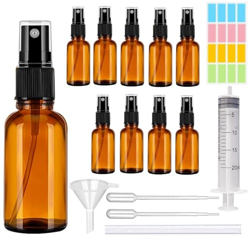 CafullCon 10 Stück Sprühflasche Glas, 50ml Braunglas Sprühflaschen zum Befüllen Tragbares, Nachfüllbar Zerstäuber mit Trichte, Tropferr und Etiketten für Wasser Alkohol Kosmetik Parfüm Aromatherapie