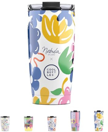 Cool Bottles - Termo Café, Vaso Térmico de Acero Inoxidable, Taza de Café - Bebidas Frías 10 horas y Calientes 5 horas - Tapa Hermética, Libre de BPA - Locura Floral, 550 ml