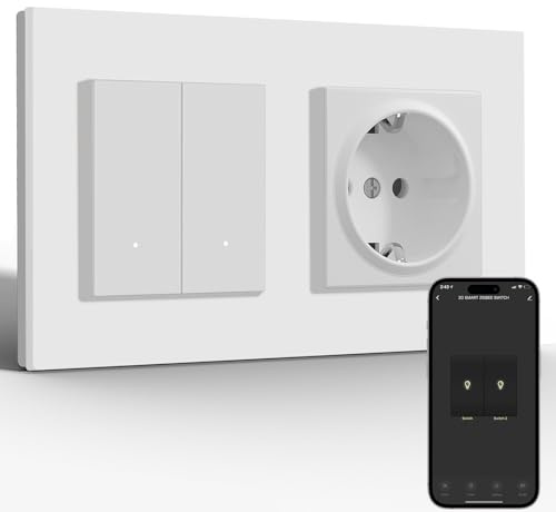 BSEED Normal Steckdose mit Smart Lichtschalter(Neutralleiter Erforderlich), Wlan Schalter Unterputz Kompatibel mit Alexa und Google Home, Taster Schalter 2 Fach 1 Weg mit PC Rahmen, Weiß