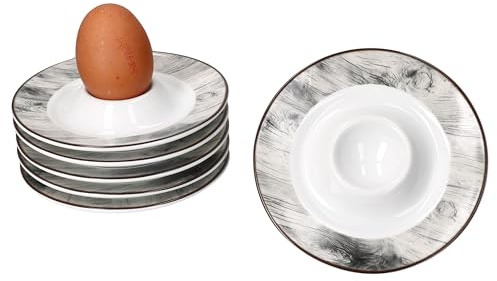 MamboCat Alois - Set di 6 portauovo con ripiano, per 6 persone, Ø 13,2 cm, rotondi, in porcellana, effetto legno, per la colazione, per brunch e buffet