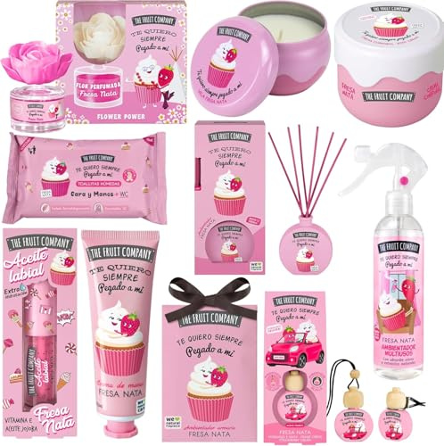Mega pack 10 unidades para regalar TFC SET REGALO, Fresa y nata The Fruit Company cosmetica para regalar Aceite labial, crema corporal y manos, ambientadores en flor