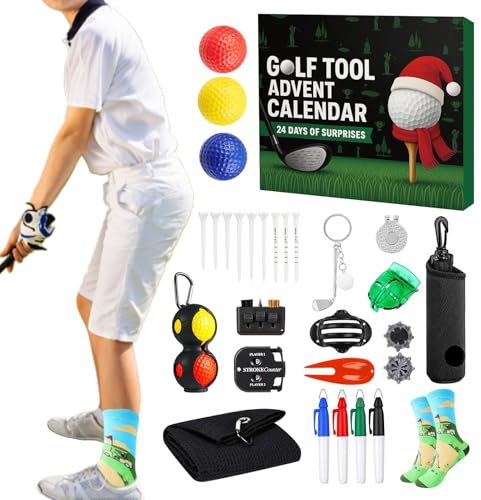 Calendrier de goolf de Noël – 24 jours d'accessoires de gollf et de gadgets d'entraînement, coffret cadeau exclusif avec outils utiles pour les joueurs | Pour mari, amateurs de sport, loisi