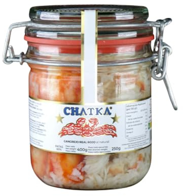 Chatka. Conserva en bote de cristal con 60% patas de auténtico cangrejo real rojo y carne desmigada (250 gram)