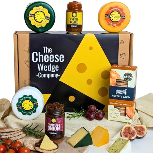 Luxury Artisan Cheese Hamper Gift Set | 6 Gourmet Items Including Smoked, Garlic & Herb and Vintage Cheddar, Sourdough Crackers & 2 Chutneys | Perfect Foodie Gift for Men & Women