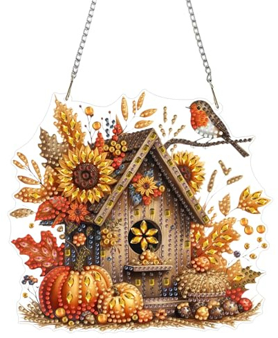 DOMROM Herbst Diamond Painting Anhänger, 5D Vögel Vogelnest Diamond Painting Blumen Fensterbilder für Erwachsene, Bastelset Kreativ Set Hängend Ornament Geschenke Tür Fenster Wand Eingang Decor