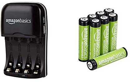 Amazon Basics Chargeur de Piles Ni-MH AA et AAA avec Port USB & Piles Rechargeables AAA, pré-chargées - Lot de 8 (Le visuel Peut différer)
