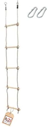 h2i Strickleiter für Kinder | Kletterleiter mit 5 Holzsprossen | Hängeleiter aus Holz | Seilleiter inkl. Karabiner | Outdoor Kletterspielzeug | Höhe 180 cm