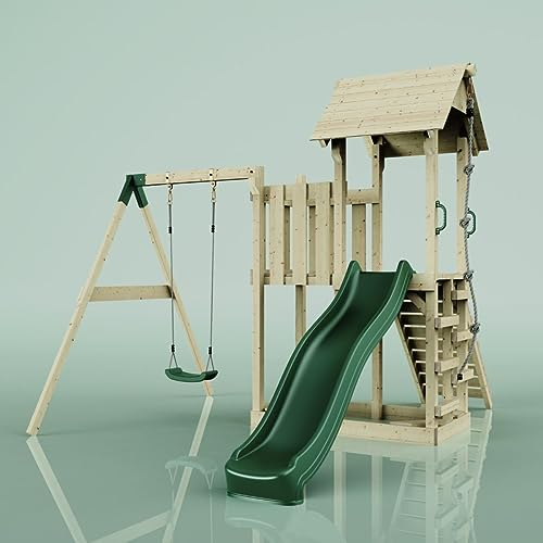 Rebo Spielturm mit Wellenrutsche und Kinder-Schaukel, Outdoor Klettergerüst Garten mit Plattform,Smaragdgrün