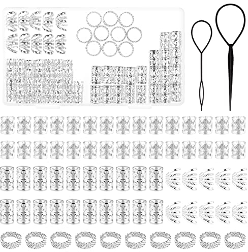 MELLIEX 70 Stück Dreadlocks Schmuck, Aluminium Haarringe für Zöpfe Verstellbar Braids Schmuck Gewebter Haarschmuck für Damen Herren-Silber