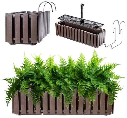 KADAX Jardinière de Balcon 60 cm – Pot de Fleurs en Plastique Aspect Lattes, Style Maison de Campagne, avec Bouchon – Marron