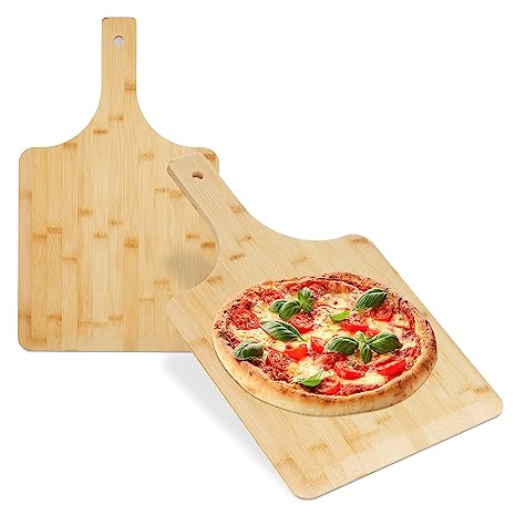 Relaxdays Bambu pizzaspade set om 2, 50 x 30 cm, fyrkantig, pizzaspade, rundade kanter, handtag, brödspjäll, natur, pack