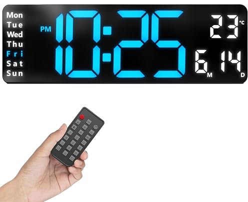 Opis Technology Clock 1 XL Blue&White (32cm) Digital Wall Clock with Remote Control - Large LED Display with Temperature, Date, Timer & 2 Alarms - Power Adapter Included