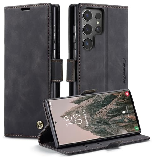 Handyhülle für Samsung Galaxy S24 Ultra Hülle, Klapphülle Premium Lederhülle Klappbar Flip Case Tasche Magnet Kartenfach Standfunktion Klapphülle Schutzhülle für Samsung Galaxy S24 Ultra 5G, Schwarz