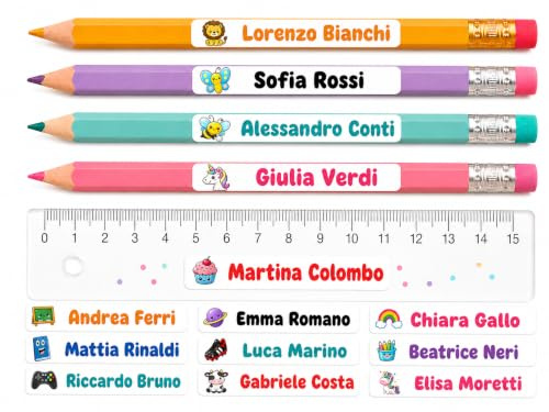 150 Etichette Adesive Personalizzate Scuola (50x10mm) – Sticker con Nome per Penne, Matite, Quaderni, Materiale Scolastico – Colori Vivaci, Maxi Confezione, Alta Adesività, Ultra Resistenti (BIANCO
