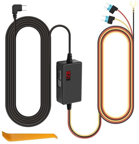 XMSJSIY Dash Cam Hardwire Kit USB-C with LED Screen Type-C Dash Cam Hardwire Kit Step-Down Cable 12V-24V to 5V Type-C Hard Wiring Kit Power Cable Support 24 Hours Parking Monitoring - 3.2M/10.5FT