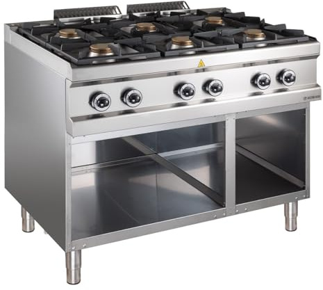 GastroHero Gasherd, 6 Brenner, offener Unterbau, Edelstahl D77G6AXL | Gesamtleistung 42 kW, Stauraum, Erdgas, inkl. Düsen zum Umbau auf Propangas, Made in Europe, sichere Zündung
