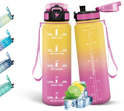 HoneyHolly Botella Agua, 500ML, A Prueba de Fugas Cantimplora, Libre de BPA Botella Agua para Niños, con Marcador de Tiempo, Cantimplora para Correr, Trabajar, Ir a La Escuela, Andar en Bicicleta
