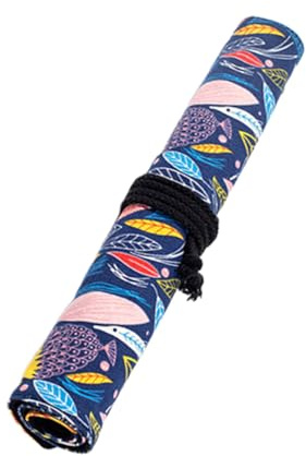 HOMOBABE Estuche Enrollable de Lona 20 Ranuras, Porta Pinceles de Artista Resistente y Lavable, Diseño Estampado Colorido de Peces, Almacenamiento Organizado para Estudiantes