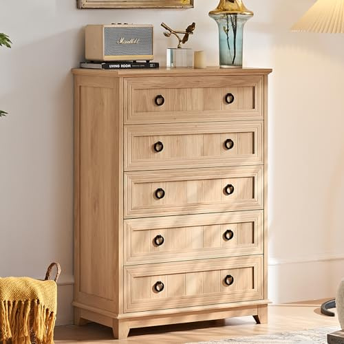 Joaxswe Farmhouse 5 Drawer Dresser for Bedroom, 42 Tall Small Dressers & Chest of Drawers, Rustic Wood Dresser with Metal Handle, Storage Organizer Closet for Living Room, Hallway, Entryway