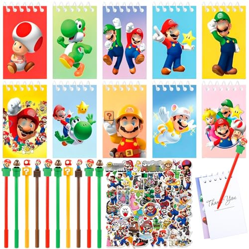 Super Bros Party Mitgebsel Kindergeburtstag Spielzeug Set mit Kinder Aufkleber Sticker Mini Notizbücher Gel Stift Super Bros Mitbringsel Geschenk Party Zubehör Geburtstag Deko für Mädchen Jungen