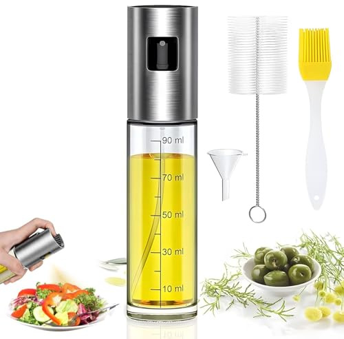 Fysaran Öl sprühflasche, Ölsprühflasche Ölsprüher 100ml Glas Öl Zerstäuber Küche Ölsprühflasche Heißluftfritteuse, Oil Sprayer mit Skala & Trichter für Salat, Grillen, Backen In der Küche Kleine Glas