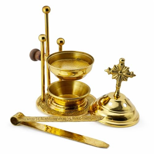 Weihrauchbrenner aus goldfarbenem Messing – Räucherstövchen ohne Kohle mit Teelicht, Kreuz & Sieb – Räuchergefäß für Weihrauch, Harze & Kräuter