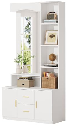 HAINEW HNDE25120111 Ensemble vestiaire mural avec miroir et compartiment de rangement ouvert, 2 tiroirs et 2 portes, blanc, 90 x 40 x 180 cm