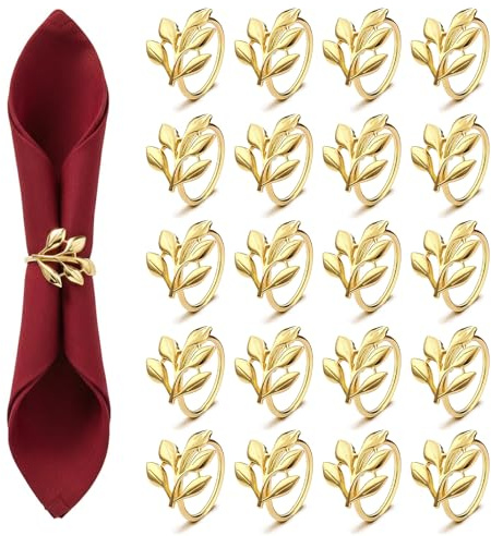 ZOMKIFA 20 Servilleteros Dorados de Metal, Anillos de Servilletas Diseño Hoja Elegante, Decoración Mesa Bodas Navidad