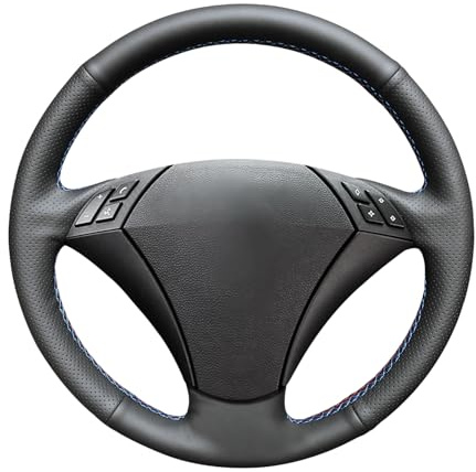 MEWANT Lenkradbezug für E60 (Sedan) 530d 2003–2009 E61 (Touring) 2004–2009 Handsewing Lenkradhülle aus schwarzem Kunstleder | E60 (Sedan) 530d 2003-2009 E61 (Touring) 2004-2009 Handsewing schwarzem Kunstleder Atmungsaktiv Für Beheizte Lenkräder