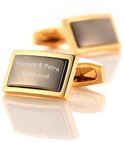 aplusashop ID Manschettenknöpfe Gold-schwarz mit Gravur nach Wunsch Edelstahl, Hochzeit mit Box
