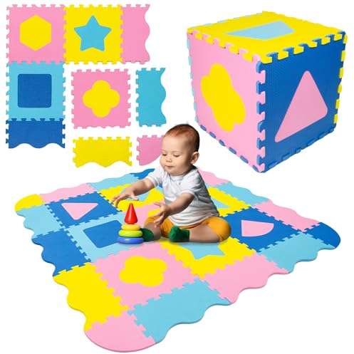 Humbi Puzzlematte Eva Schaumstoff für Babys und Kinder Spielmatte Fitnessmatte Schutzmatte Poolmatte 31,5 x 31,5 x 1 cm 34 Teile Formen Farbe gelb blau dunkelblau rosa