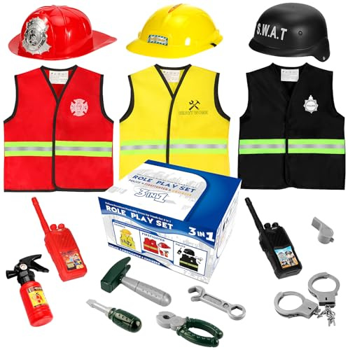 Cocojeci Boys Dress up Trunk Costumes Set,15pcs Pretend Role Play Set Fireman, Police, Construction Worker Costume with Accessories for Kids Ages 3-7