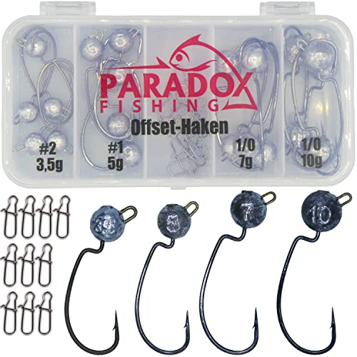 Paradox Fishing Premium Offset Jigköpfe Haken Set 1/0-3/0 (5g/5g/7g/10g/14g) 24 Stück je 5/4 Stück I Offset Haken mit Blei Cheburashka Blei Dropshot Haken für Gummifische I Jig Head Set