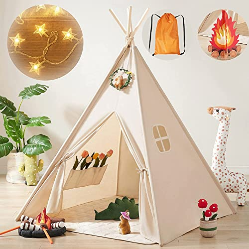 Tiny Land Tipi Zelt für Kinder mit Lichtern & Lagerfeuer Spielzeug & Tragetasche, Waschbar Kinderzelt für Drinnen, Tipi Zelt Kinderzimmer, Spielzelt für Mädchen & Jungen