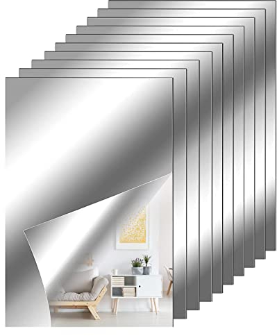 Xinjieda 10 Pieces Self Adhesive Acrylic Mirror Sheets, Stick On Mirrors for Walls, Flexible Non Glass Wall Sticky Tiles 4 x 6 Inches (Silber 10)