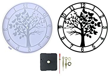Xidmold Moule en résine d'horloge, chiffres romains en silicone avec mouvement, moule en forme d'horloge d'arbre pour moulage de résine époxy, kit de moule en résine pour décoration murale d'intérieur
