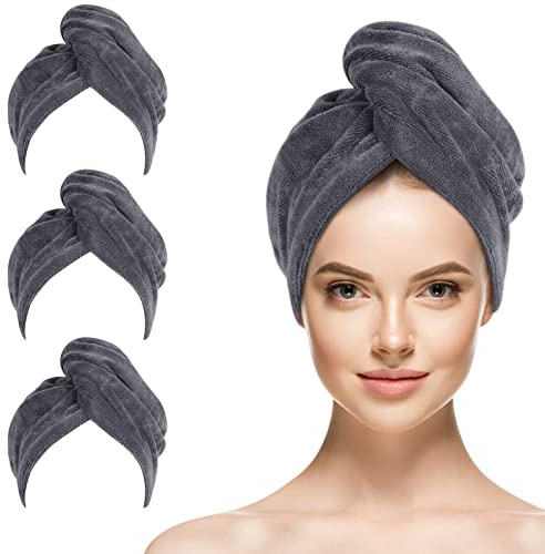 SINLAND 3 Stück Microfiber Haarturban Haartuch für Frauen Grau 25x65 cm | super saugfähiges Haarhandtücher schnell trocknendes Kopf Handtücher mit Knopf Haartuch zum Trocknen Langer Haare fusselfrei